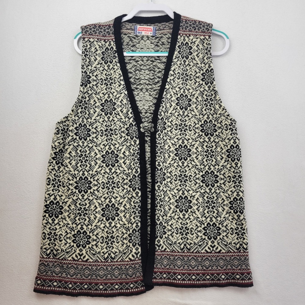 Norwear Icelandic Wool Vest XL Black Cream Fair‎ Isle Nordic Metal Clasp XL